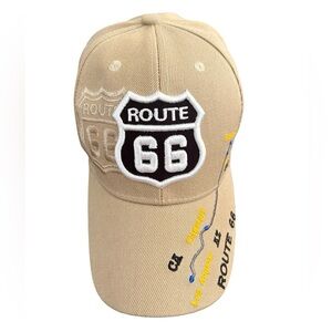 Route 66 Strapback Hat Tan Embroidered Map Logo Adjustable Cap
